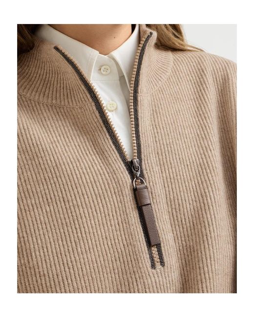 Brunello Cucinelli Natural Virgin Wool, Cashmere And Silk Rib-Knit Dress With Precious Half-Zip