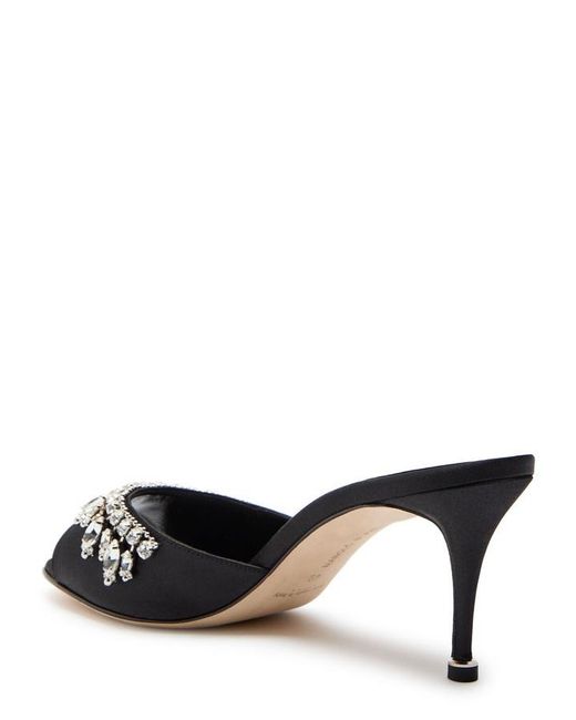 Manolo Blahnik Black Tulimu 70 Crystal-Embellished Satin Mules