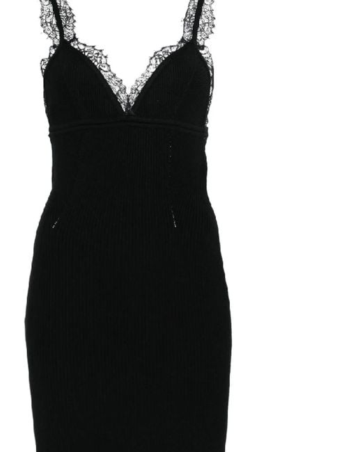 Blumarine Black Lace-Trimmed Ribbed Midi Dress