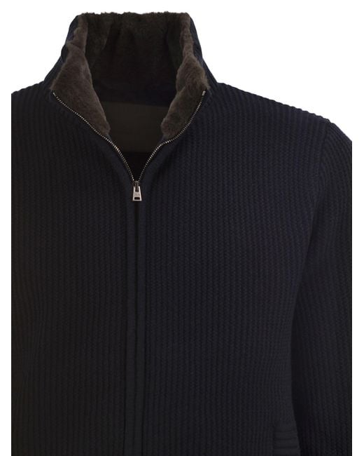 Herno Blue High-Neck Knit Cardigan for men