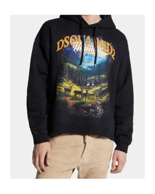 DSquared² Black Illustration-Style Print Hoodie With Relaxed Fit for men