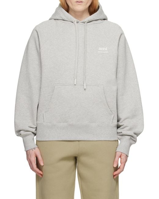 AMI Gray Ami De Coeur Logo-Printed Drawstring Hoodie for men