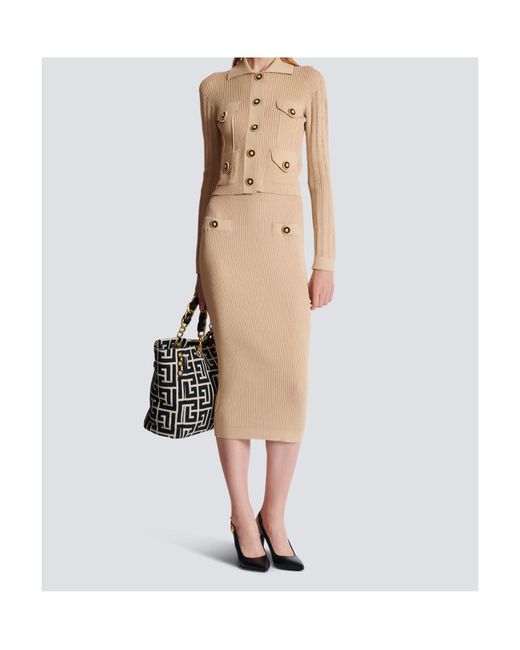 Balmain Natural Button Detailed Ribbed Pencil Skirt