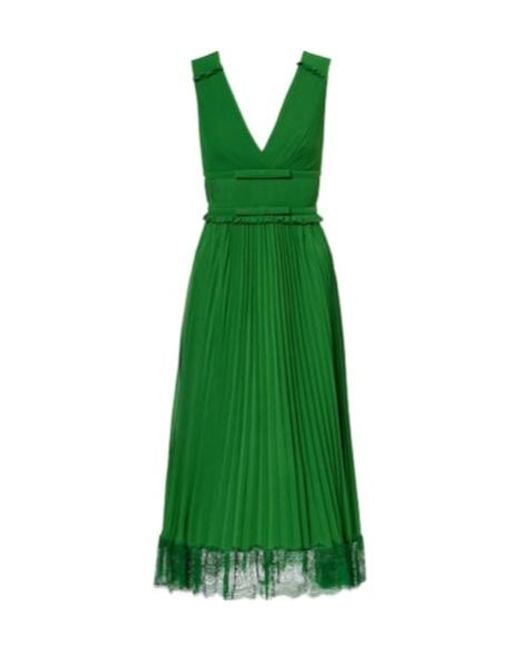 Self-Portrait Green Lace-Trimmed Plissé Chiffon Midi Dress
