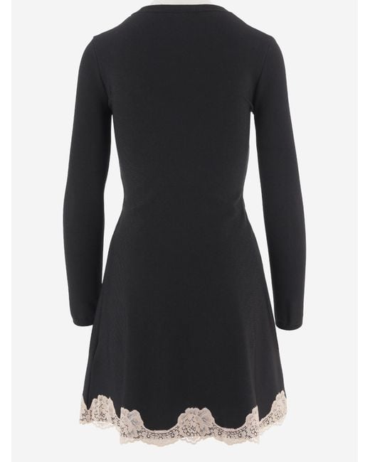 Valentino Black Lace-Trim Long-Sleeve Mini Dress