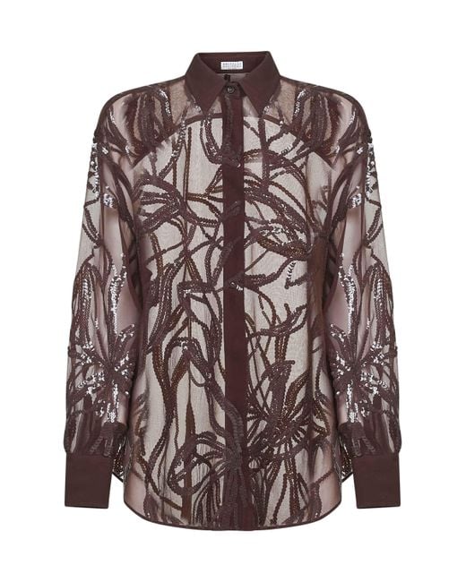Brunello Cucinelli Brown Burgundy Crispy Silk Dazzling Floral Embroidery Shirt