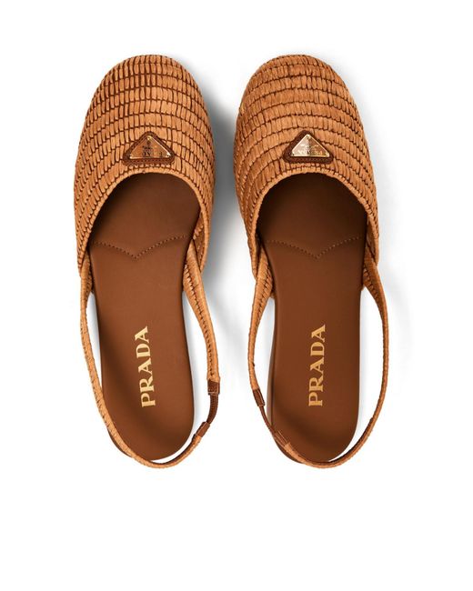 Prada Brown Light Woven Raffia Slingback Flat Shoes