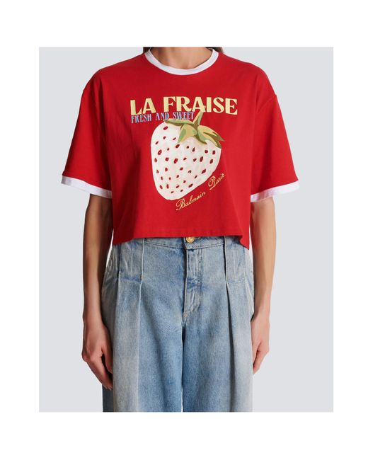 Balmain Red Cropped Strawberry T-Shirt