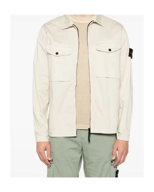 Stone Island White Compass Patch Zipped Overshirt for men
