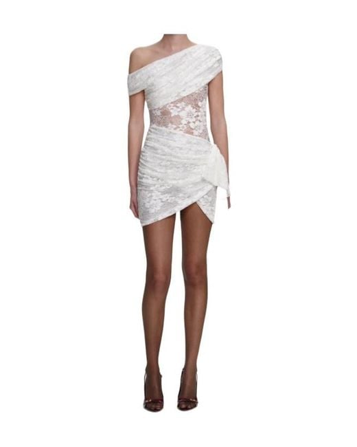Self-Portrait White Asymmetric Lace Draped Mini Dress