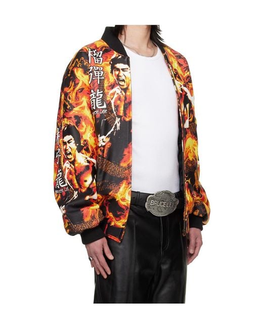 Lu'u Dan Orange Bruce Lee X Collaboration Printed Bomber Leather Jacket for men