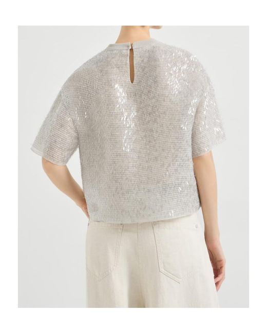 Brunello Cucinelli Gray Dazzling Cascade Embroidery T-Shirt