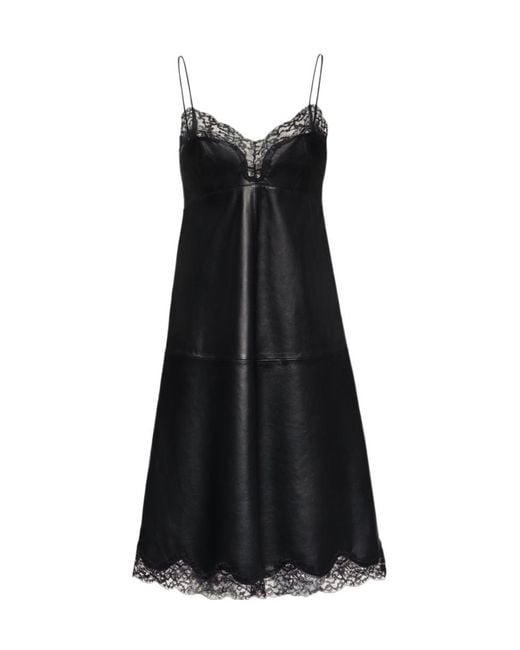 Magda Butrym Black Leather Lace-Trim Slip Dress