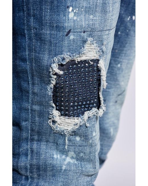 DSquared² Blue Cool Guy Mid-Rise Embellished Distressed Jeans for men