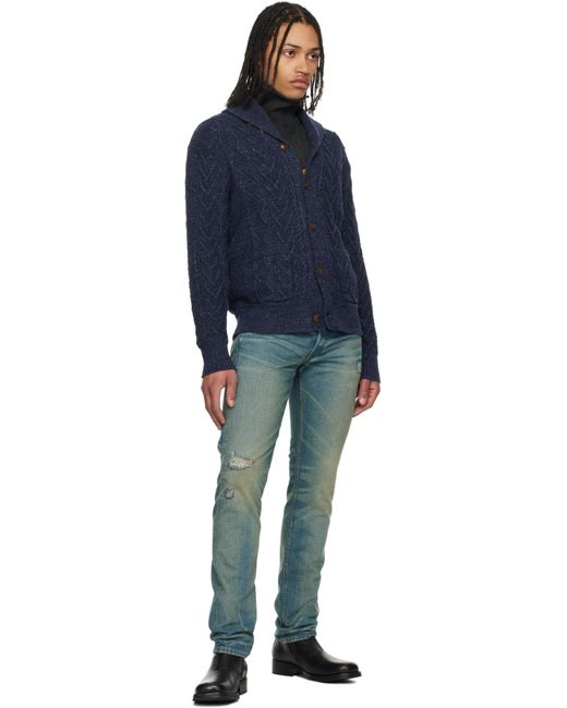 RRL Blue Front Button Cardigan for men