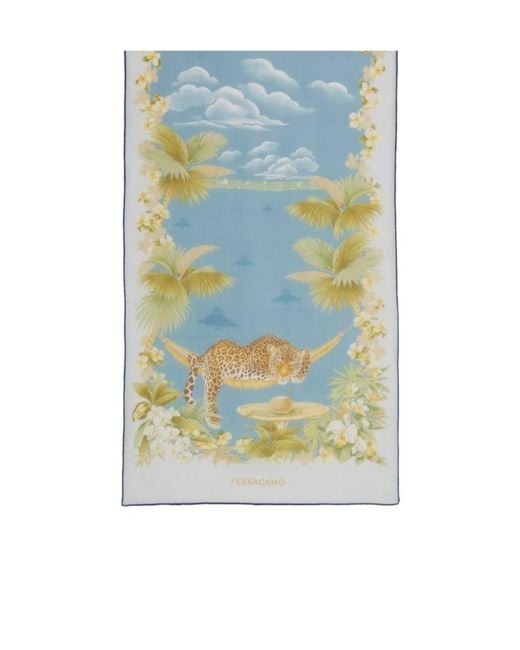 Ferragamo Blue Jungle Print Silk Scarf