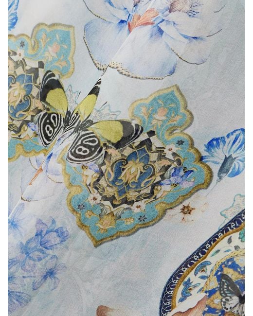 Camilla Blue Al Manial Palace Embellished Printed Silk-Crepon Wide Leg Pants