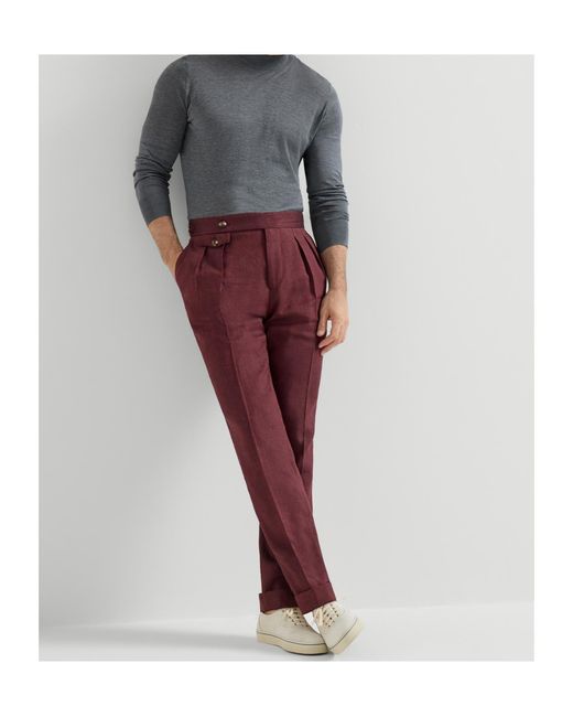 Brunello Cucinelli Red Linen And Virgin Wool Chevron Trousers With Double Pleats And Waist Tabs for men