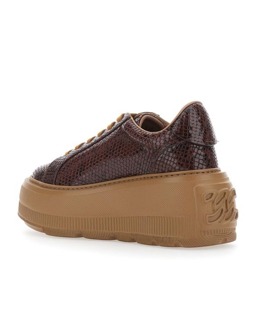 Casadei Brown Snake-Effect Platform Sneakers