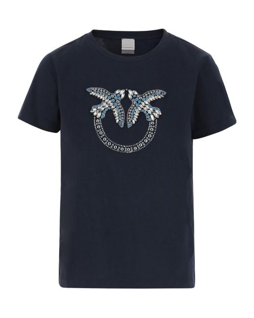 Pinko Blue Embellished Love Birds Logo T-Shirt