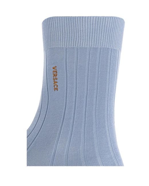 Versace Blue Ribbed Logo Socks