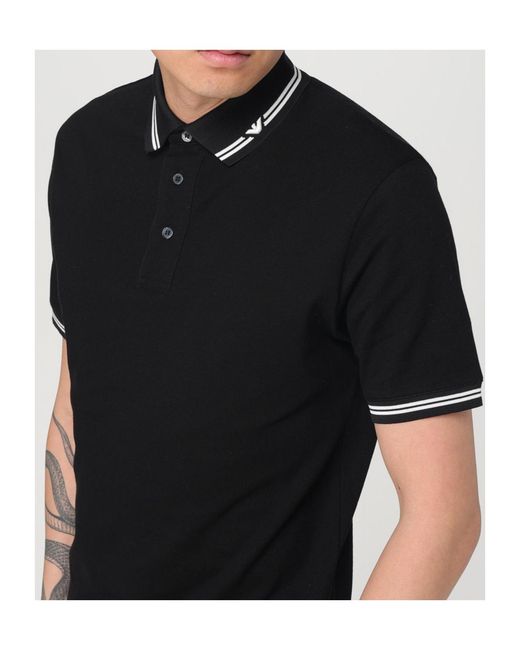 Emporio Armani Black Piped Collar Piqué Polo Shirt for men