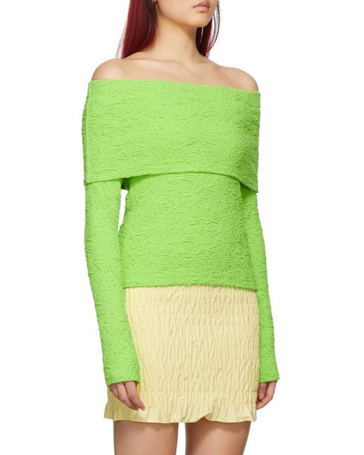 MSGM Green Embossed Off-Shoulder Long Sleeved Top