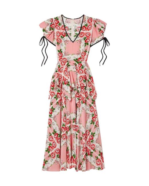 Rodarte Red Ruffled Printed Silk Crepe De Chine Midi Dress