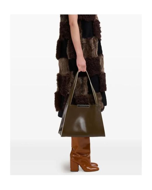 Marni Brown Deep Leather Cresta E/W Small Tote Bag