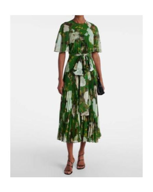 Erdem Green Floral Pleated Midi Dress