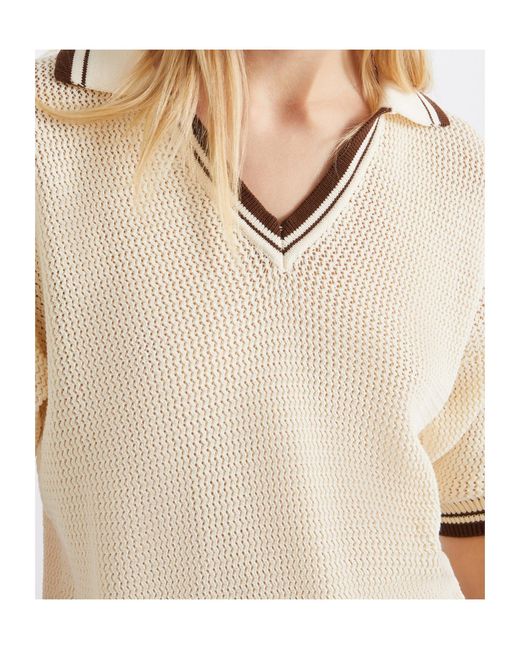 Marella Natural V-Neck Striped Polo-Collar Top
