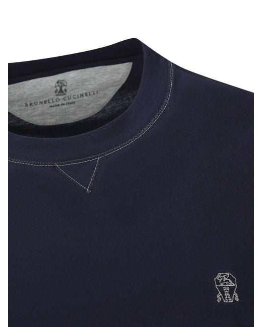 Brunello Cucinelli Blue Logo Embroidered Crewneck T-Shirt for men