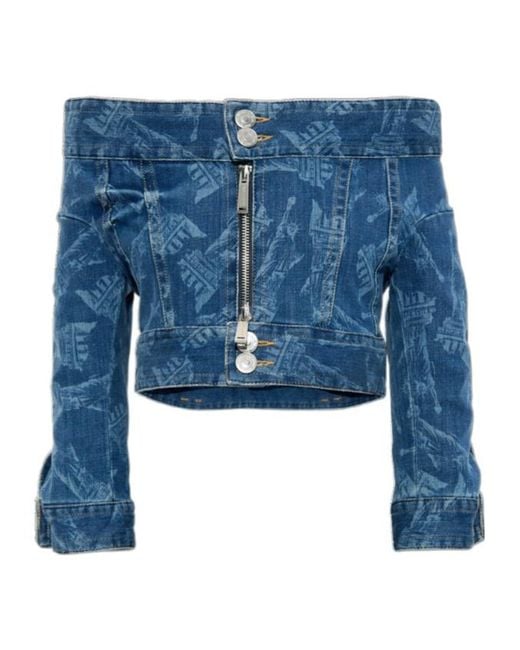 DSquared² Blue X Vaquera Offer-Shoulder Cropped Denim Jacket