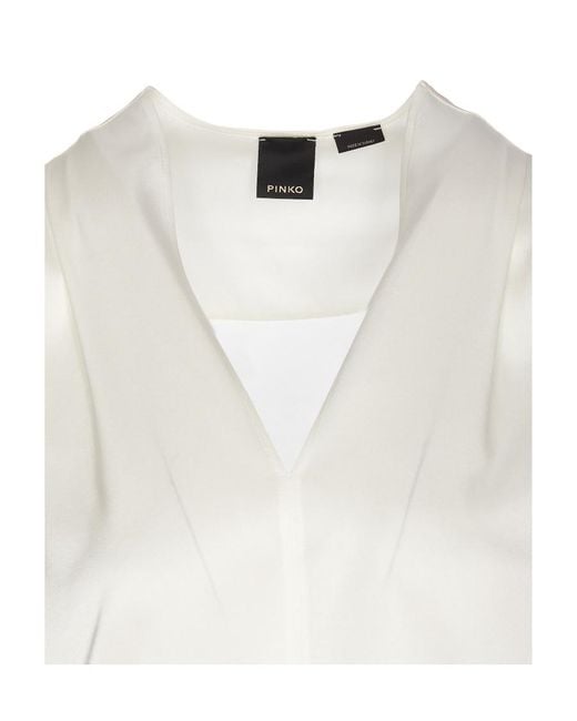 Pinko White V-Neck Stretch Satin Blouse