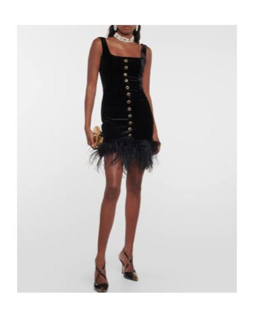 Alessandra Rich Black Feather-Trimmed Velvet Minidress