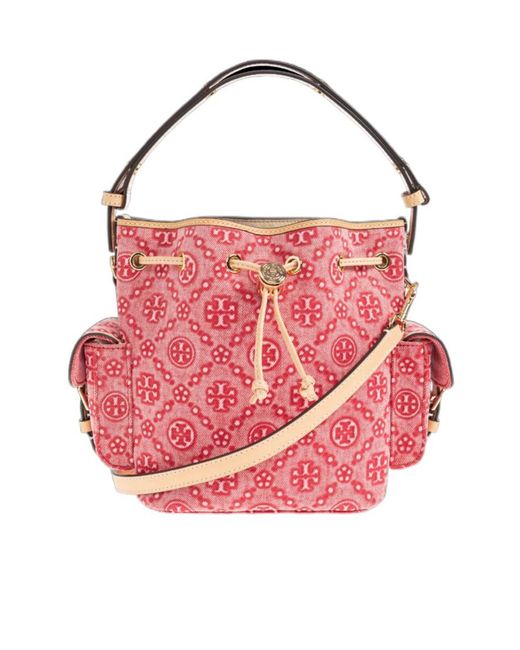 Tory Burch Pink T Monogram Denim Bucket Bag