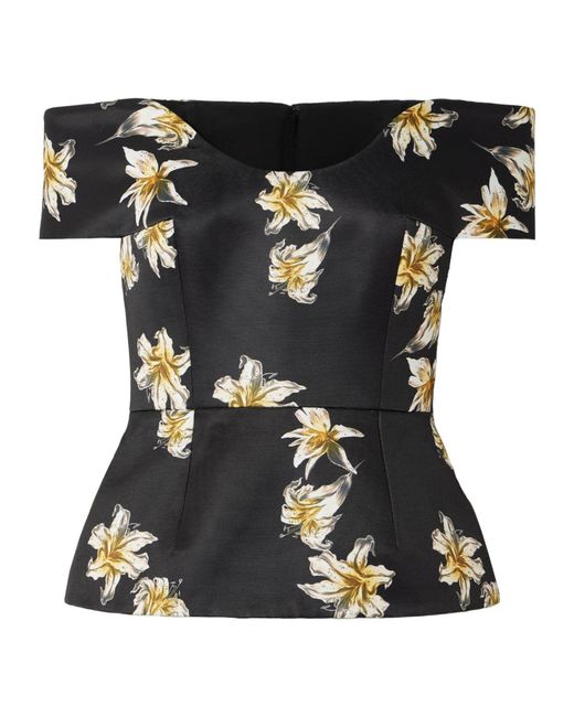 Emilia Wickstead Black Off The Shoulder Floral-Print Faille Bustier Top