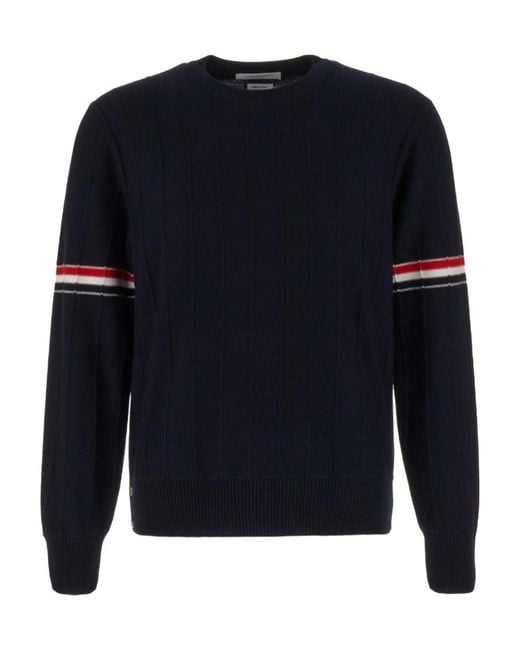 Thom Browne Blue Rwb-Stripe Long-Sleeved Crewneck Jumper for men