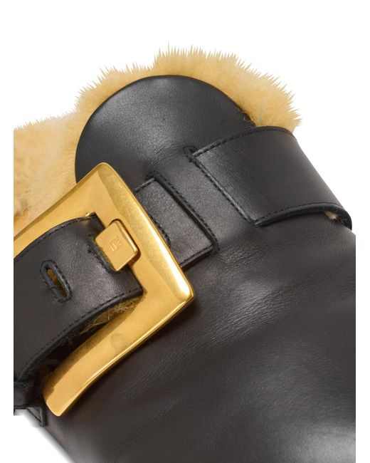 Balmain Black Flat Leather And Faux Fur Mules