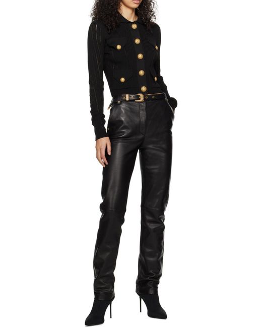 Balmain Black High Waist Tapered Leg Leather Pants