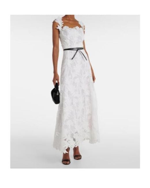 Oscar de la Renta White Marbled Carnation Guipure Lace Bustier Gown
