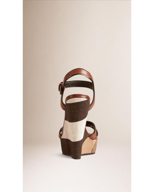 Burberry Brown Check Buckle Wedge Sandals