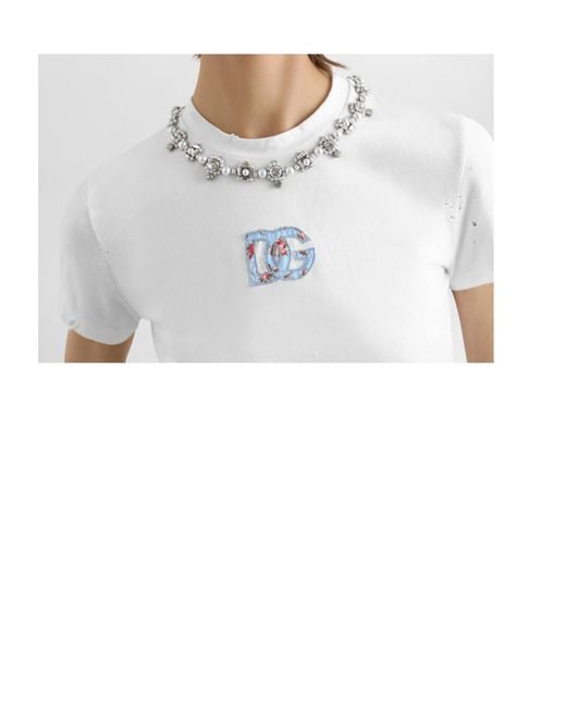 Dolce & Gabbana White Floral-Detail Crew Neck T-Shirt