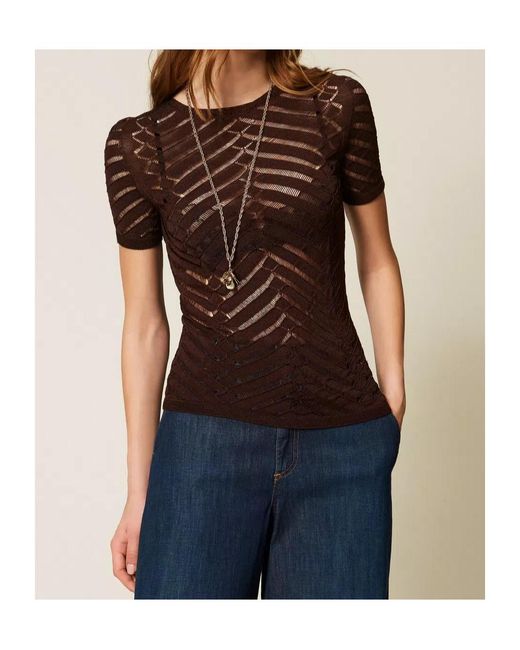 Twinset Brown Sheer Chevron Knitted Top