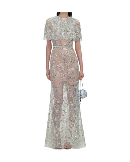 Self-Portrait Gray Sequin-Embellished Cape-Sleeve Maxi Dress