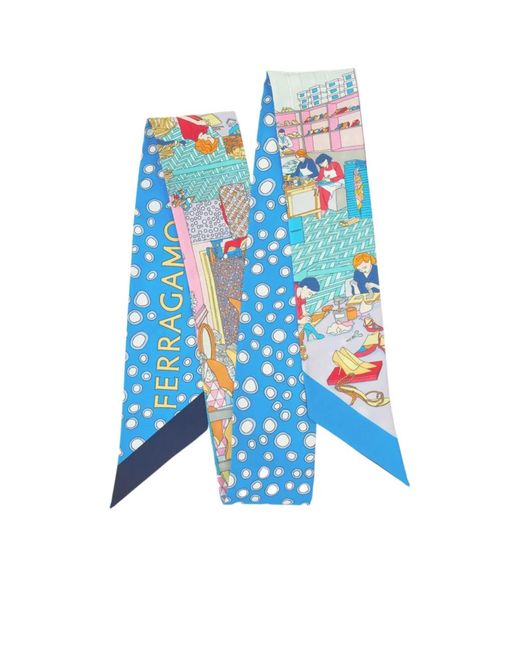 Ferragamo Blue Ferragamo Pattern-Printed Pointed Tip Bandeau Scarf