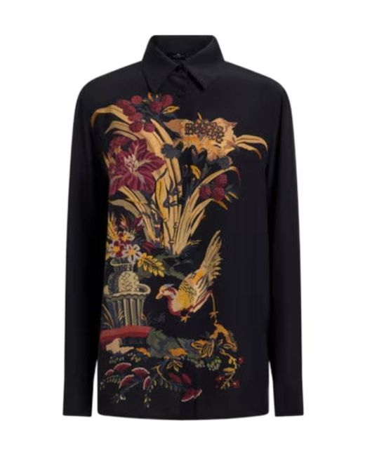 Etro Black Silk Shirt With Placed Front Print