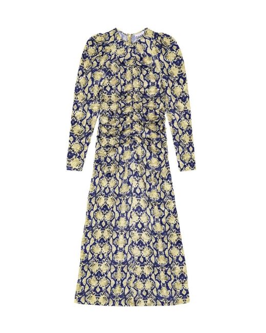 Ganni Multicolor Snake Printed Crinkled Satin O-Neck Midi Dress