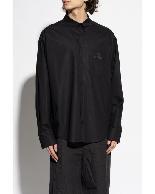 Balenciaga Blue Bb Logo Embroidered Long-Sleeved Shirt for men