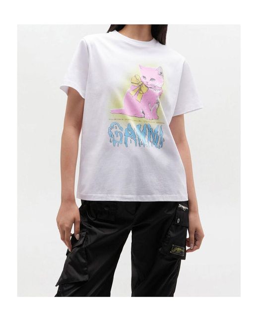 Ganni White Kitty Printed Crewneck T-Shirt